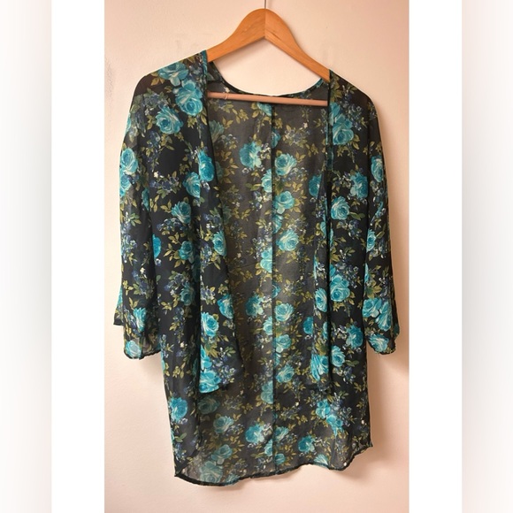 iris Tops - Black and Blue Floral Sheer Kimono